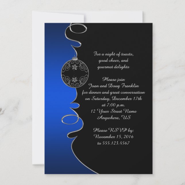 Elegant Blue Silver Swirls Black Christmas Party Invitation (Front)