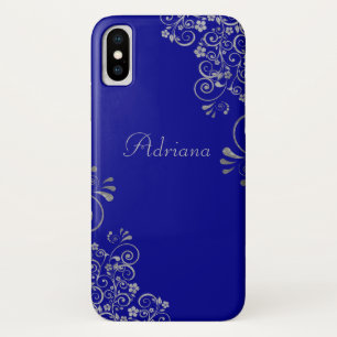 Elegant Blue Silver Swirls Custom Script iPhone X Case