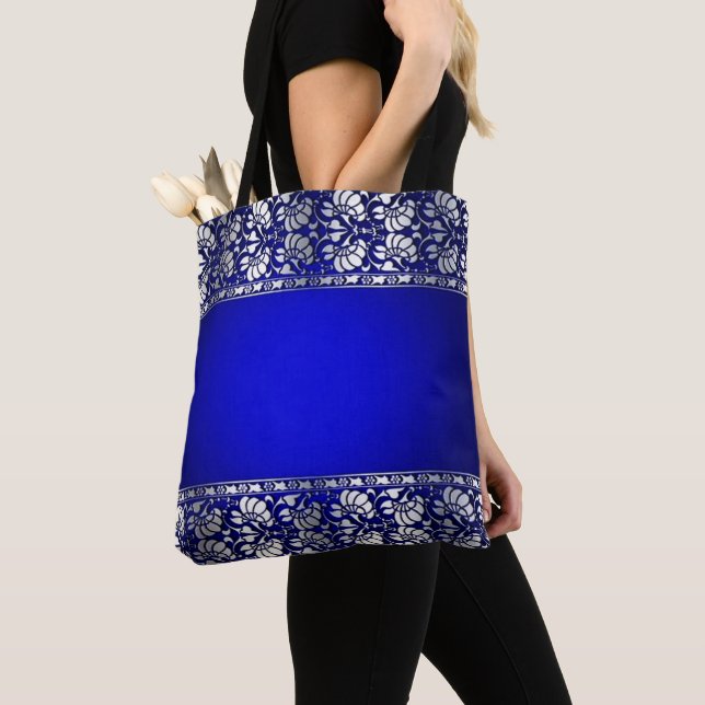 Elegant Blue & Silver Tote Bag (Close Up)