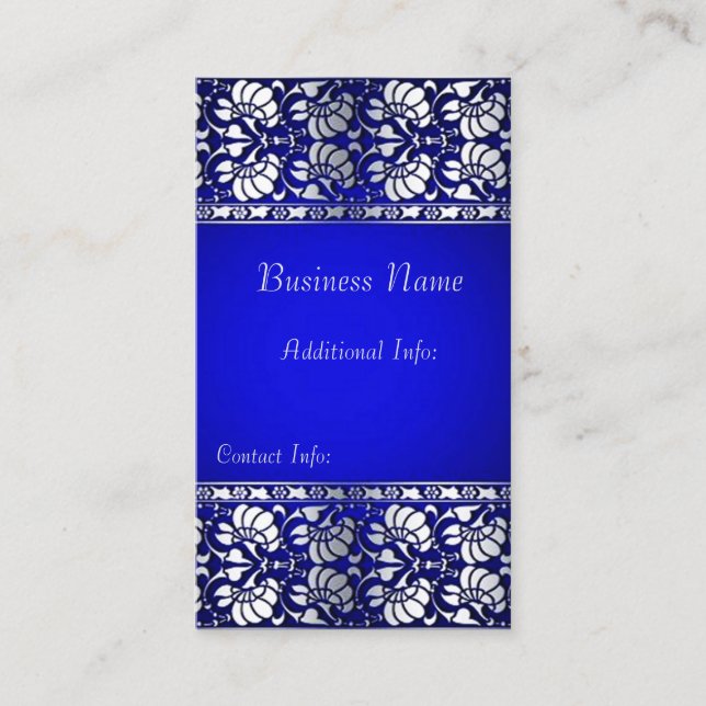 Elegant Blue & Silver Vertical Business Card (Front)