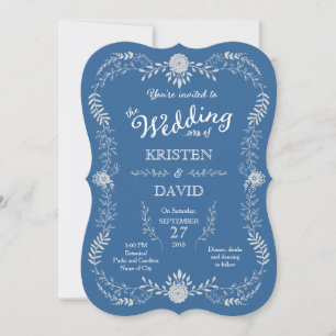 Elegant Blue & Silver Wreath Monochromatic Wedding Invitation