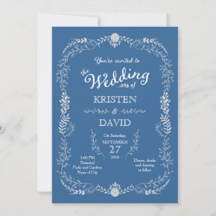 Elegant Blue & Silver Wreath Monochromatic Wedding Invitation