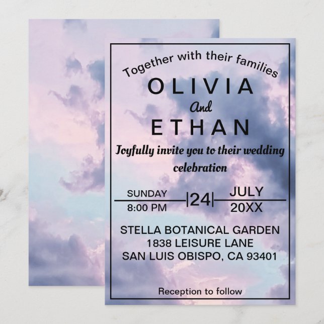 Elegant Blue Sky Clouds Romantic Wedding Invitation (Front/Back)