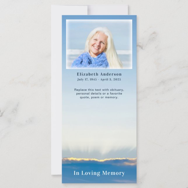 Elegant Blue Sky Funeral Memorial Photo Card (Front)