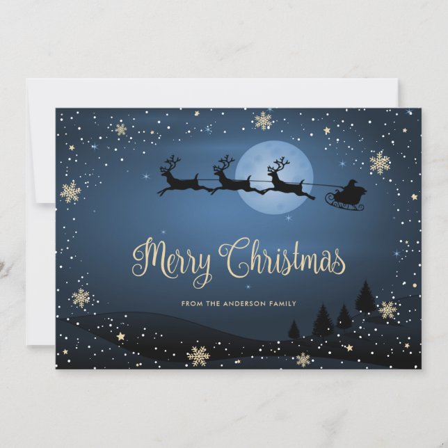 Elegant Blue Snow Snowflakes Santa Merry Christmas Holiday Card (Front)