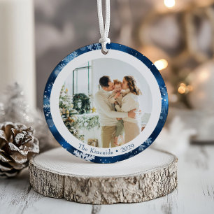 Elegant Blue Snowflake Circle Christmas Photo Ceramic Tree Decoration