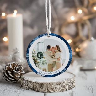 Elegant Blue Snowflake Double Side Christmas Photo Ceramic Tree Decoration