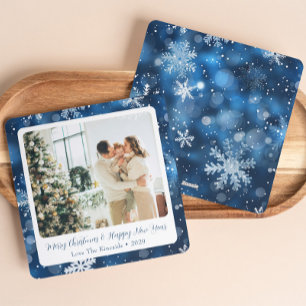 Elegant Blue Snowflake Holiday Card with Photo