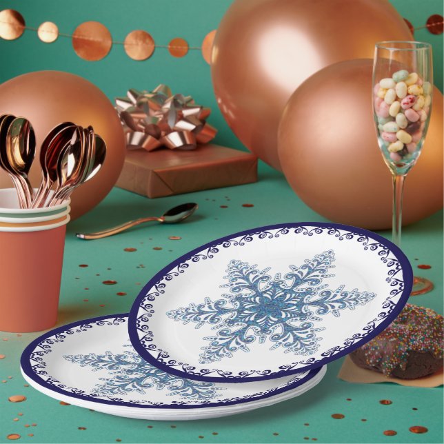 Elegant Blue Snowflake Holiday Paper Plate (Multi)