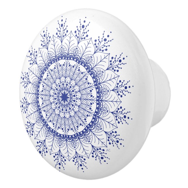 Elegant Blue Snowflake Mandala Ceramic Knob (Right)