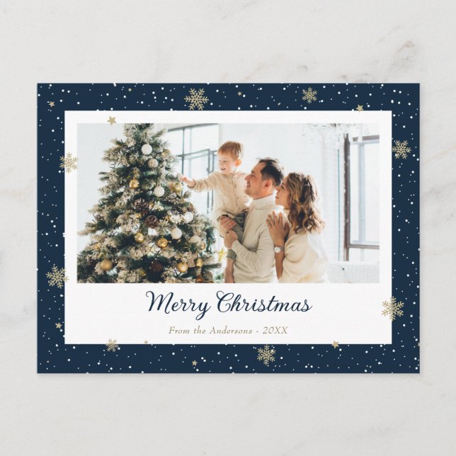 Elegant Blue Snowflake Photo Christmas Holiday Postcard (Front)