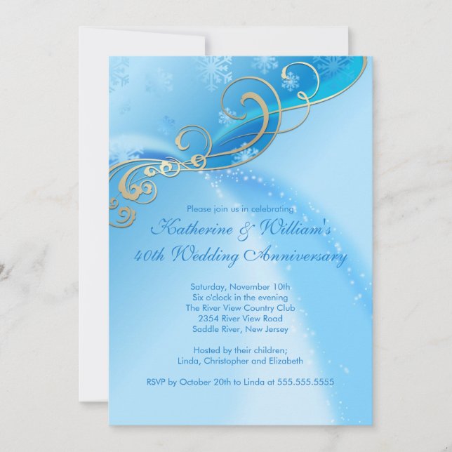 Elegant Blue Snowflake Winter Anniversary Invitation (Front)