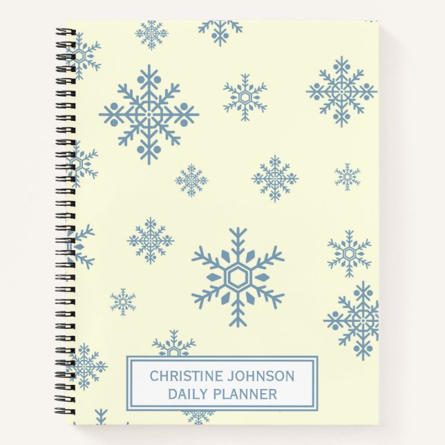 Elegant Blue Snowflakes in White Background Notebook (Front)