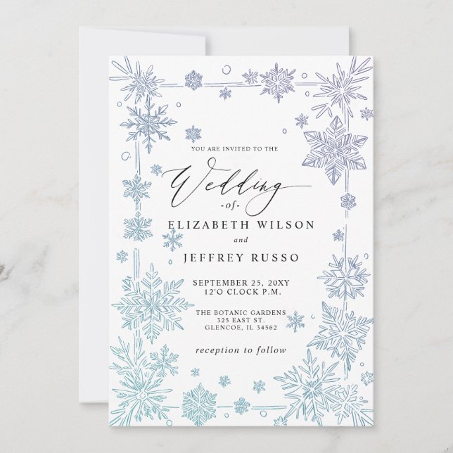 Elegant Blue snowflakes Winter Wedding Invitation (Front)