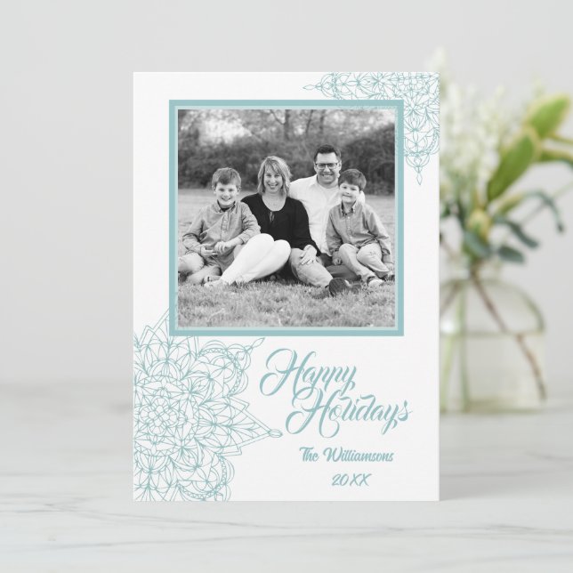 Elegant Blue Snowflakes with Photo Holiday Card (Standing Front)