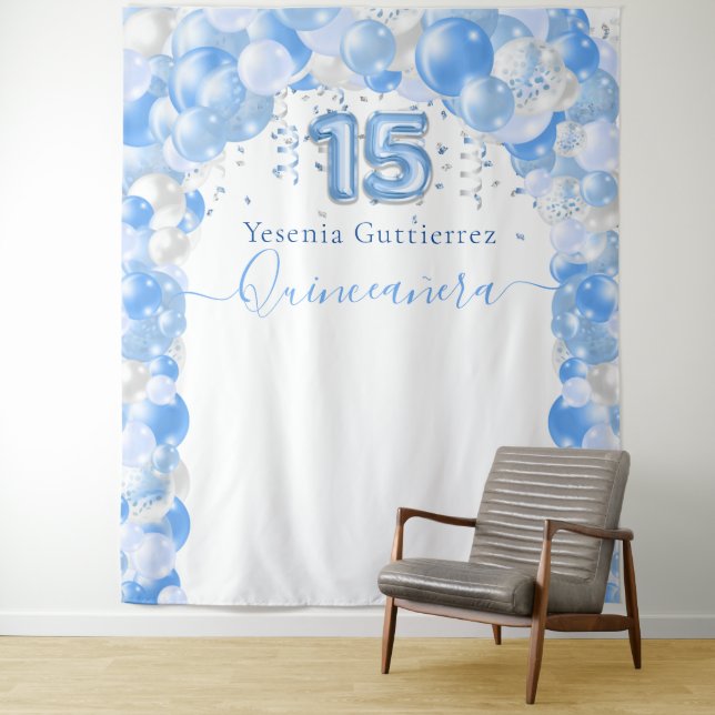Elegant Blue Sparkle Quinceañera Balloon Arch Tapestry (In Situ)