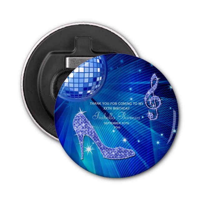 Elegant Blue Sparkly Heels, Music Party Bottle Opener (Front)