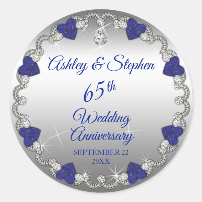 Elegant Blue Spinel and Diamonds 65th Anniversary Classic Round Sticker (Front)