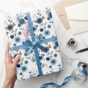 Elegant Blue Spring Flowers Watercolor Floral Wrapping Paper