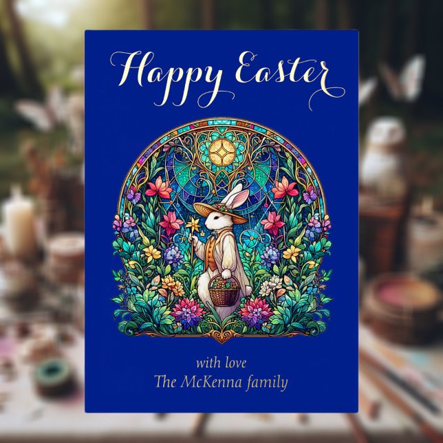 Elegant Blue Stained Glass Bunny Gardener Easter Foil Holiday Card (Creator Uploaded)