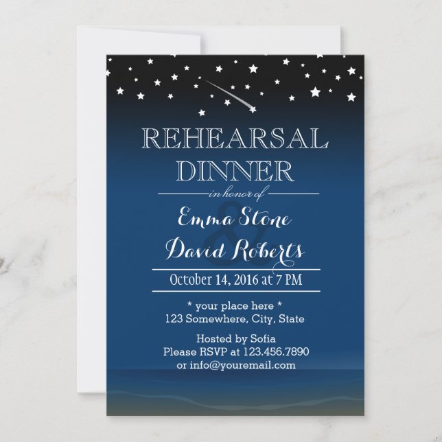 Elegant Blue Starry Night Wedding Rehearsal Dinner Invitation (Front)