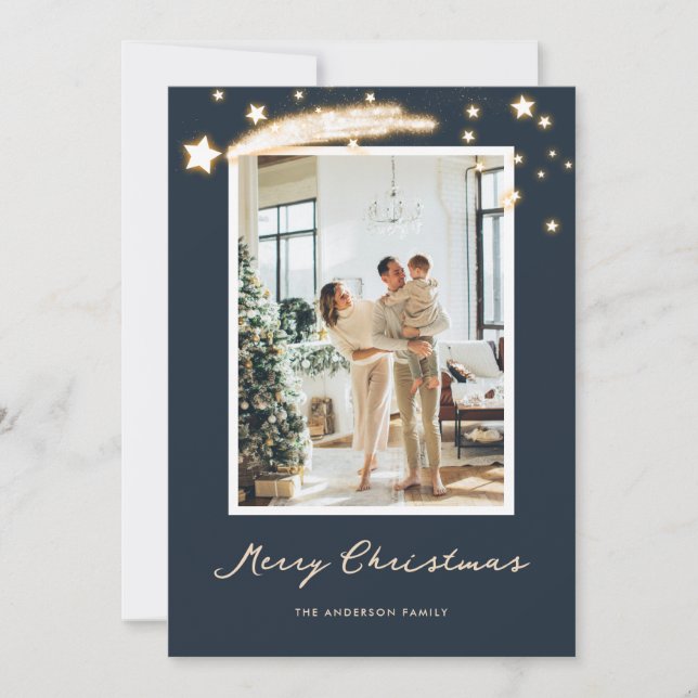 Elegant Blue Starry Photo Christmas Cards (Front)