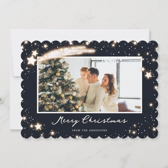 Elegant Blue Stars Snow Photo Merry Christmas Card (Front)