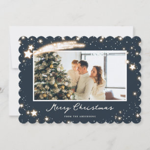 Elegant Blue Stars Snow Photo Merry Christmas Card