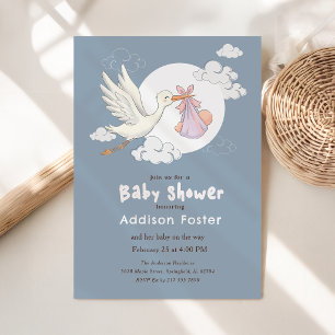 Elegant Blue Stork Girl Baby Shower Invitation