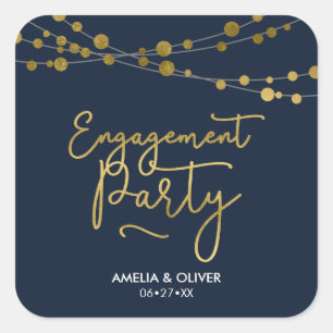 Elegant Blue Strings of Lights Engagement Party Square Sticker