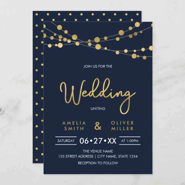 Elegant Blue Strings of Lights Wedding Invitation (Front/Back)