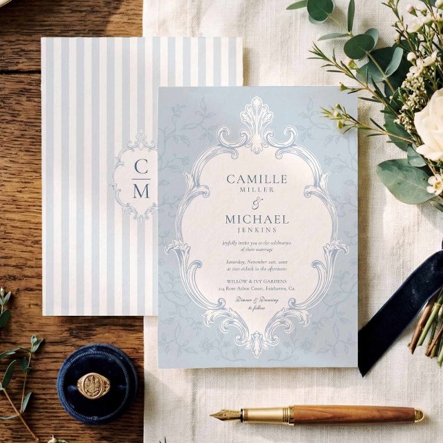 Elegant Blue Stripe Crest Wedding Invite (Elegant Crest Toile Wedding Invitation)