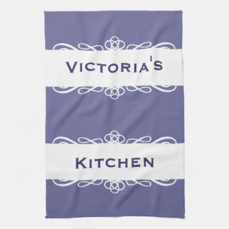 Elegant blue stripe name kitchen tea towel
