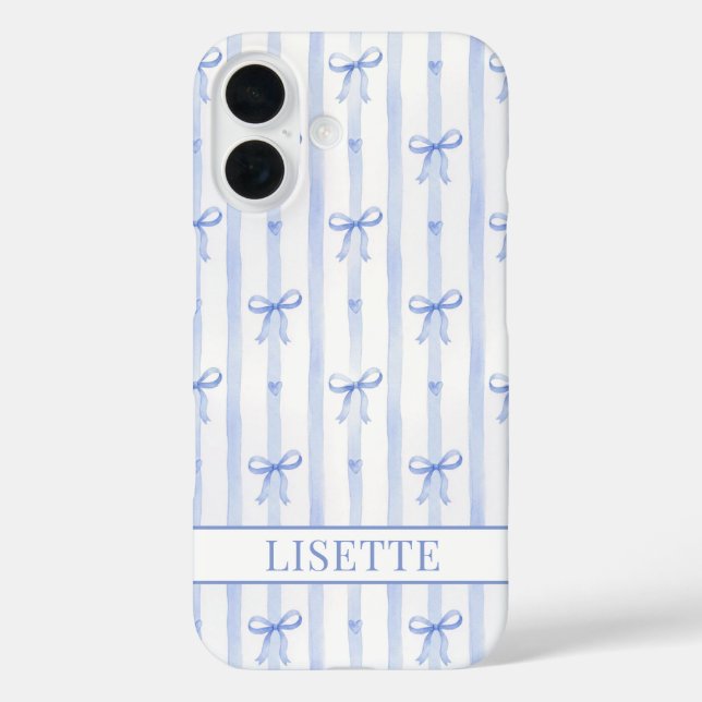 Elegant Blue Striped Coquette Bows Monogrammed Case-Mate iPhone Case (Back)