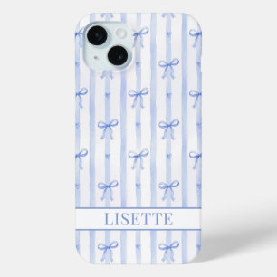 Elegant Blue Striped Coquette Bows Monogrammed iPhone 15 Mini Case