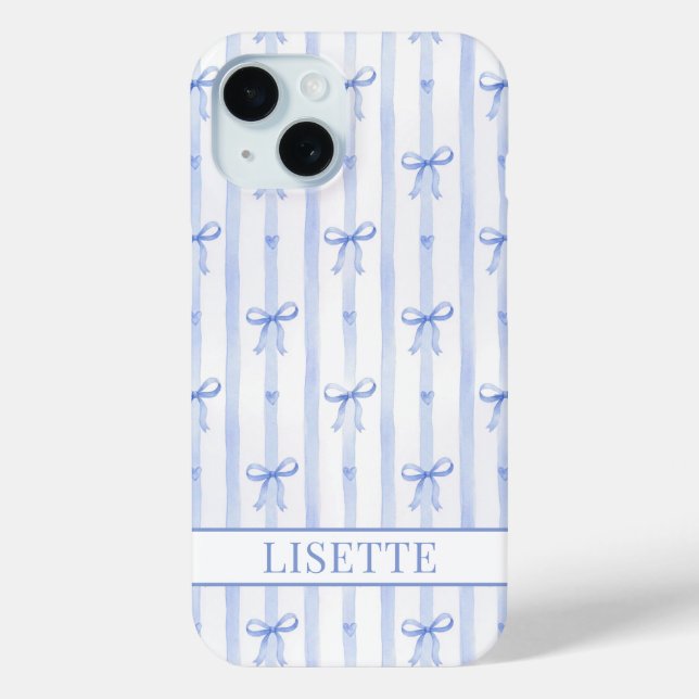 Elegant Blue Striped Coquette Bows Monogrammed Case-Mate iPhone Case (Back)