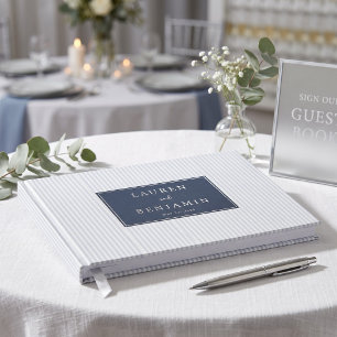 Elegant Blue Striped Label Guest Book