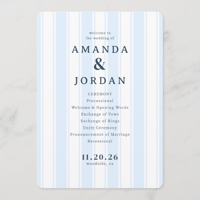 Elegant Blue Striped Wedding Ceremony Programme (Front)