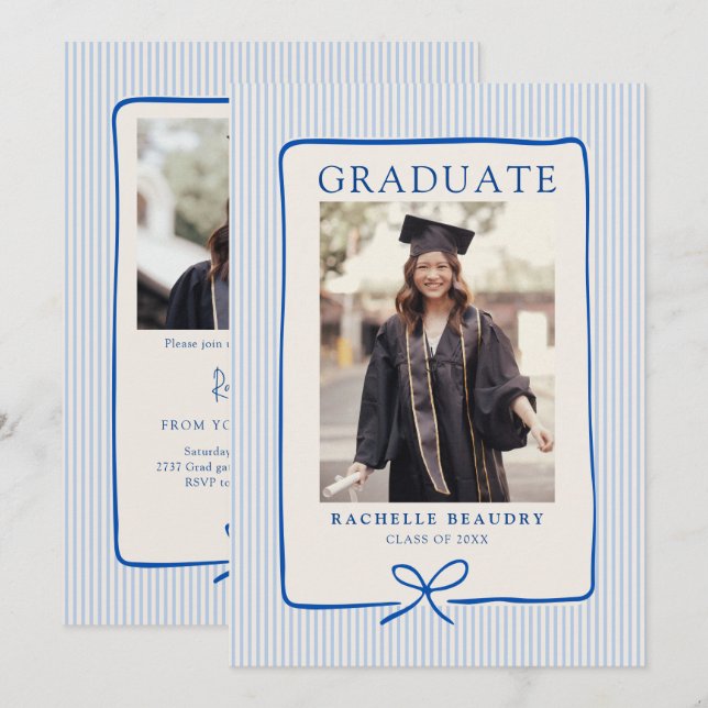 Elegant Blue Stripes Bow Frame Graduation Party Invitation (Front/Back)