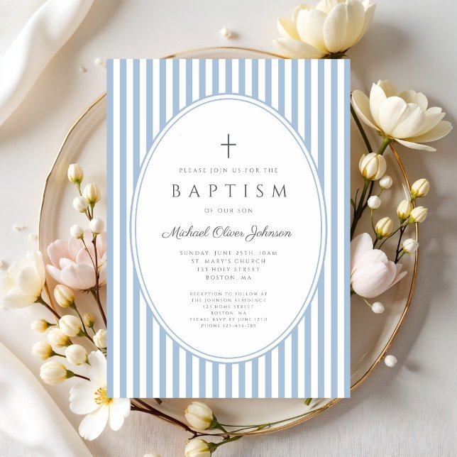 Elegant Blue Stripes Boy Baptism Invitation (Elegant Blue Stripes Boy Baptism Invitation)