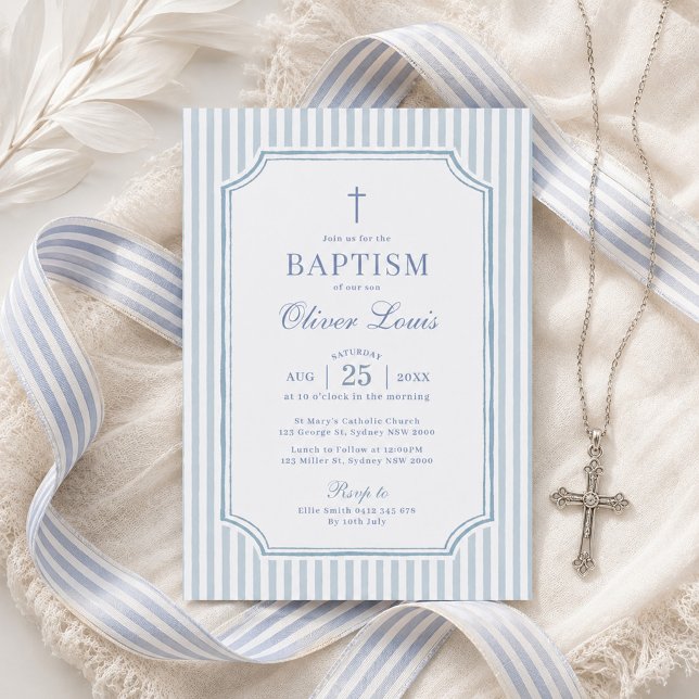 Elegant Blue Stripes Boy Baptism Invitation (Creator Uploaded)