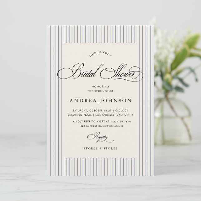 Elegant Blue Stripes Country Club Bridal Shower Invitation (Standing Front)