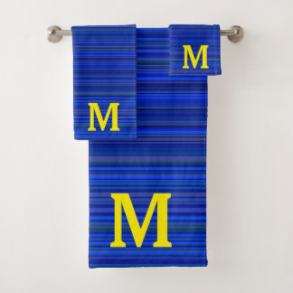 Elegant blue stripes monogram bath towel set