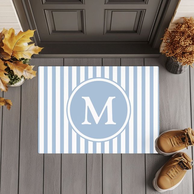 Elegant Blue Stripes Monogram Doormat (Elegant Blue Stripes Monogram Doormat)