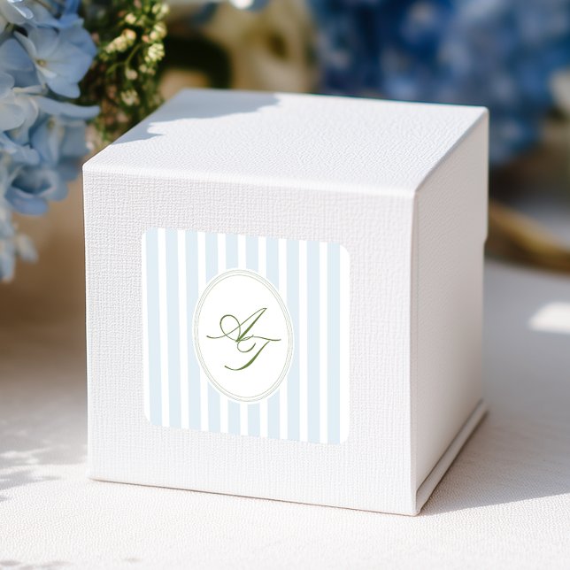 Elegant Blue Stripes Monogram  Square Sticker (Creator Uploaded)