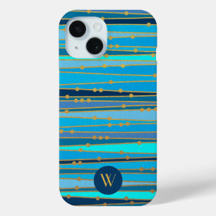 Elegant Blue Stripes Pattern Monogram iPhone 15 Case