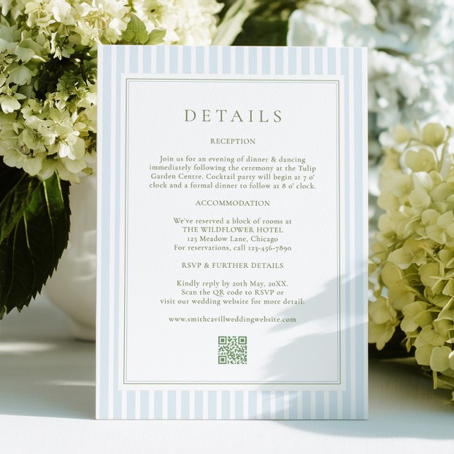 Elegant Blue Stripes Sage Wedding Details Card (Creator Uploaded)