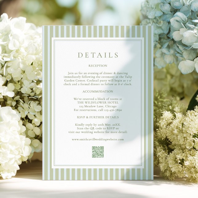 Elegant Blue Stripes Sage Wedding Details Card (Creator Uploaded)