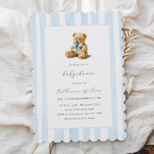 Elegant Blue Stripes Teddy Bear Baby Shower  Invitation