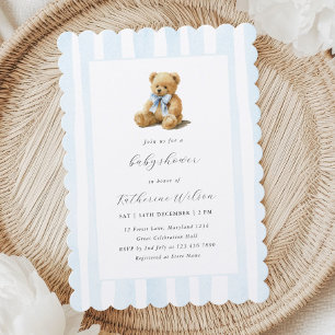 Elegant Blue Stripes Teddy Bear Baby Shower  Invitation